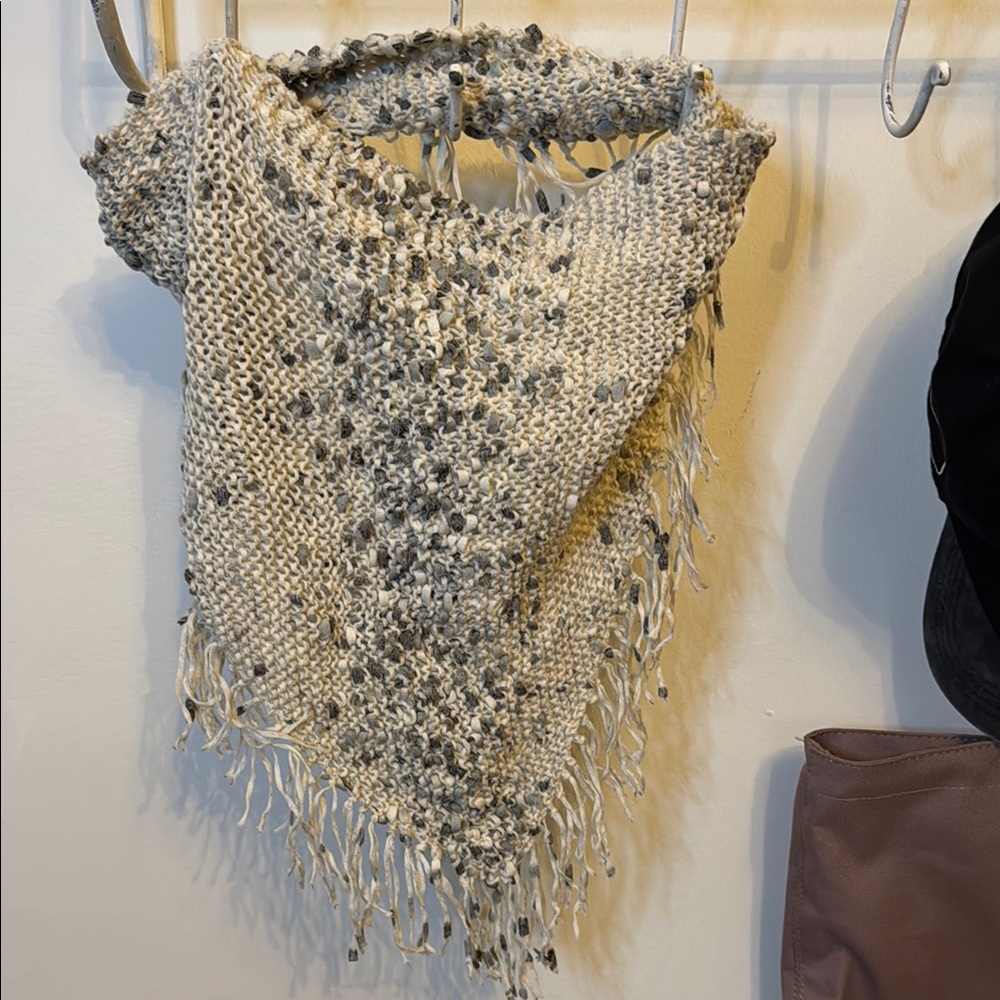 Gray and Cream Knit Cowl with Fringe